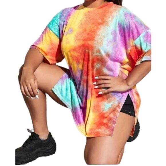 Plus Size Tie Dye Print Slit T-shirt Sz 2X - Picture 2 of 5
